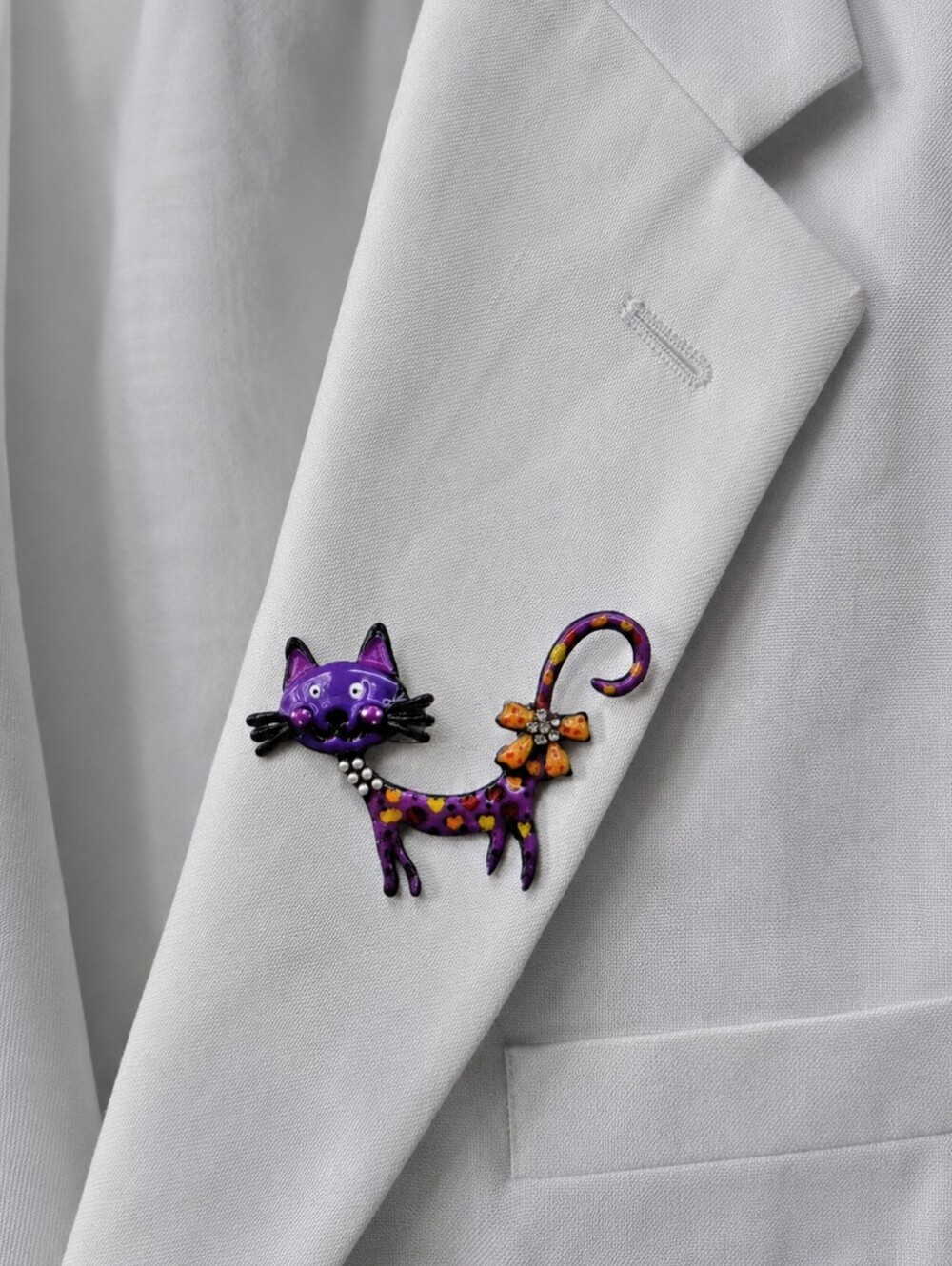 Whimsical Purple Cat Brooch with Orange Polka-Dot Bow, NWOT